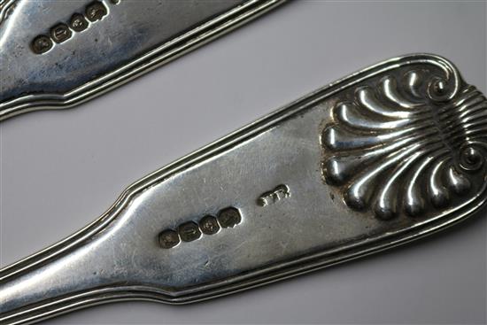 A pair of early Victorian silver fiddle, thread and shell pattern basting spoons by William Eaton, London, 1838, 10 oz.